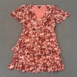 Simply Vera Wang Med Midi Dress Pink Abstract Floral Ruffle‎ V-Neck Tie Waist